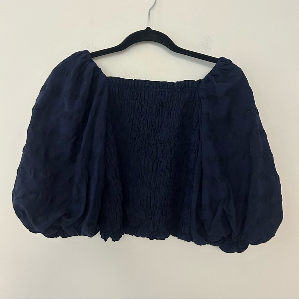Anthropologie Maeve Bree Milkmaid Shirred Puff Sleeve Navy Blue Top - Picture 2 of 5